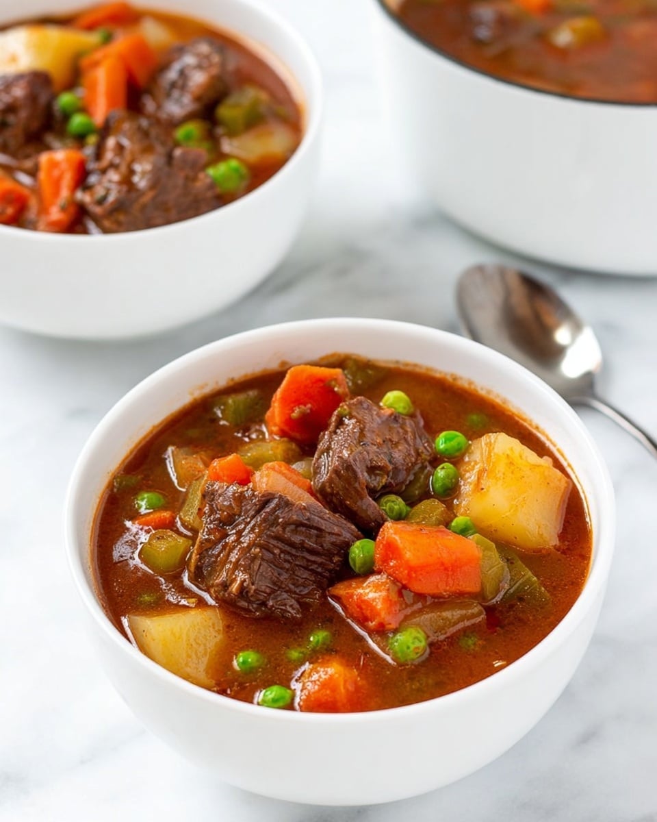 The image shows a white bowl filled with beef stew placed on a white marbled surface. In the bowl, there are several layers of chunky ingredients in a rich brown broth; large pieces of dark brown beef sit alongside orange carrot cubes, small bright green peas, pale celery slices, translucent onion pieces, and a big light yellow potato chunk. Behind the bowl, a matching white soup pot filled with a similar stew is partially visible, and a silver spoon rests on the surface next to the bowl. The photo taken with an iphone --ar 4:5 --v 7