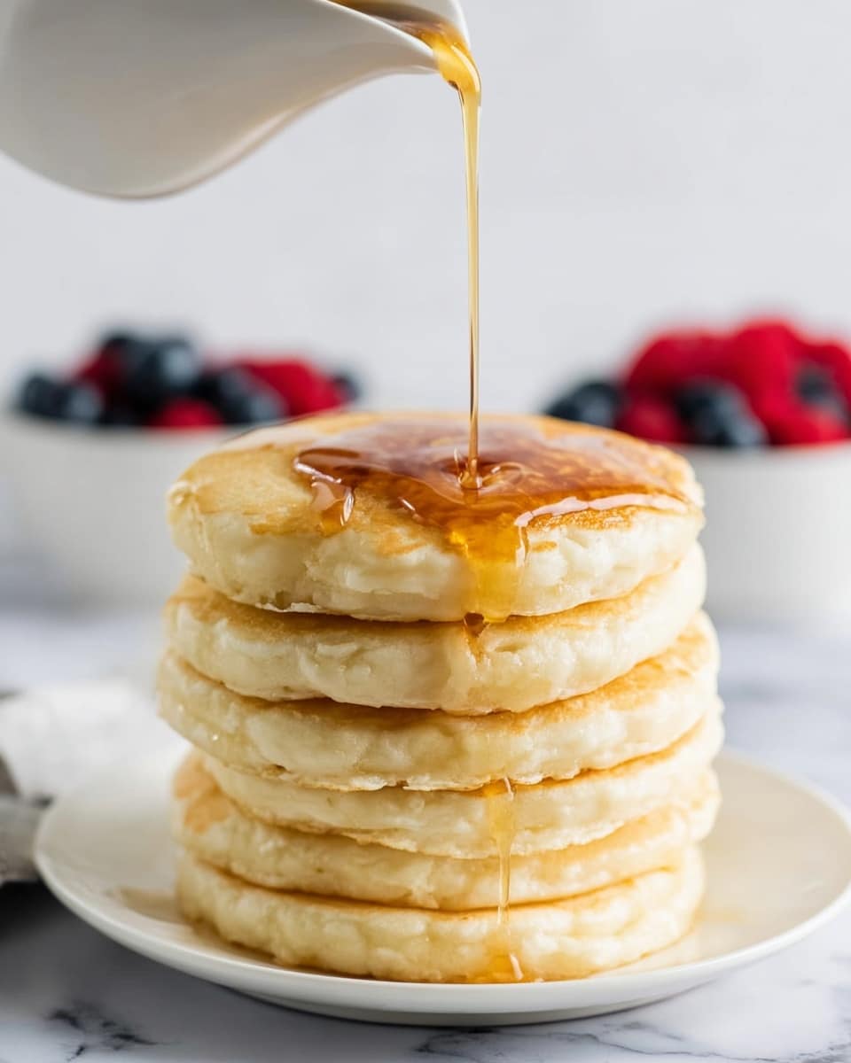 A tall stack of six thick, fluffy pancakes with a light golden color sits on a white plate, placed on a white marbled surface. Golden syrup is being poured from a white pitcher onto the top pancake, creating a shiny, smooth flow of syrup that drips down the sides of the stack. In the blurred background, there are two white bowls filled with fresh blueberries and red raspberries. The scene is bright and clean, highlighting the texture and softness of the pancakes. Photo taken with an iphone --ar 4:5 --v 7