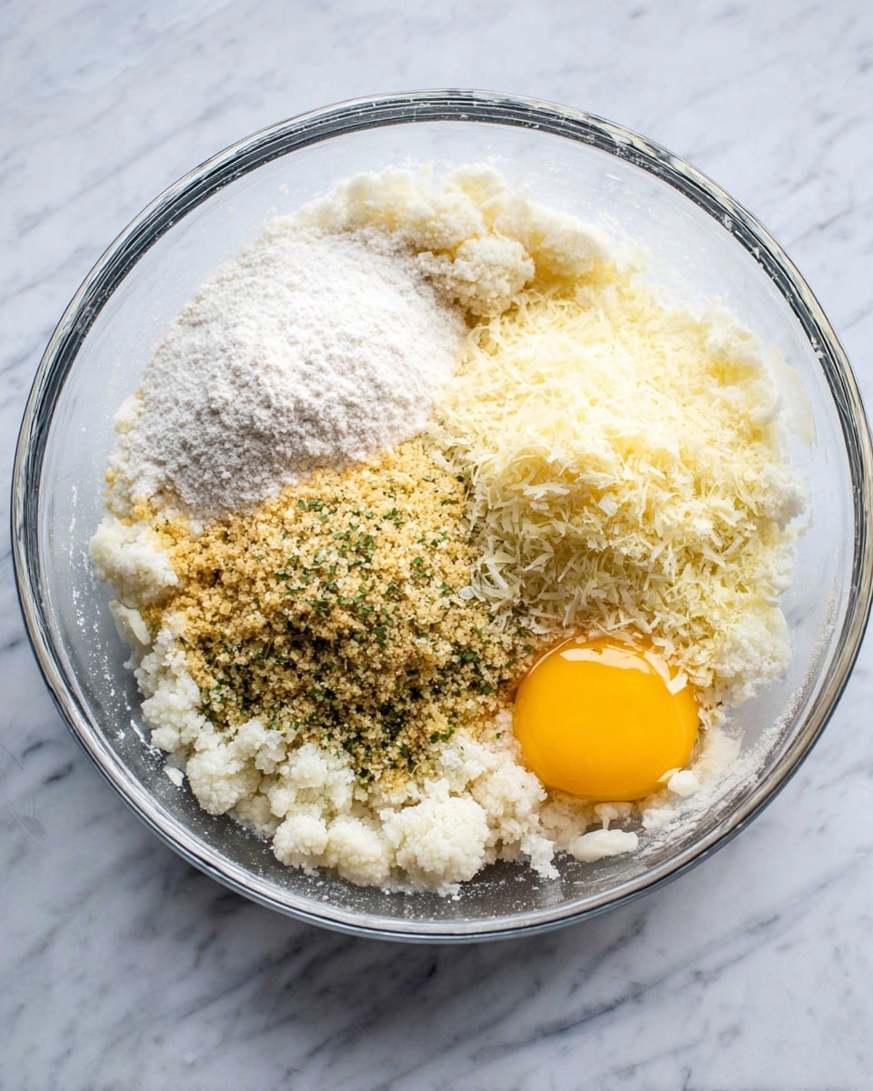 A clear glass bowl sits on a white marbled surface, holding several uncooked ingredients layered side by side. The bottom layer is grated white cauliflower, which covers most of the bowl. On top of this are four distinct piles: a soft white powder on the left, a mound of golden breadcrumbs with green herb flecks near the center, a fluffy heap of finely grated pale yellow cheese on the right, and a raw egg with a bright yellow yolk and clear white section placed at the bottom right corner. The mixture looks ready to be stirred together. Photo taken with an iphone --ar 4:5 --v 7