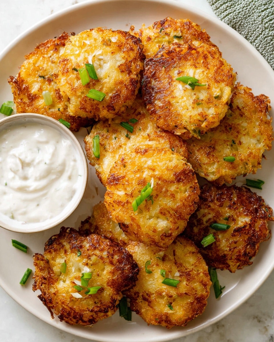 Round golden brown fritters with a crispy textured surface are arranged closely on a white plate layered on a white marbled surface. Each fritter has small green garnishes of chopped scallions scattered on top. To the side of the fritters on the plate is a small bowl filled with smooth white dipping sauce. The fritters vary slightly in golden shades, showing some light and dark browning from cooking. Photo taken with an iphone --ar 4:5 --v 7