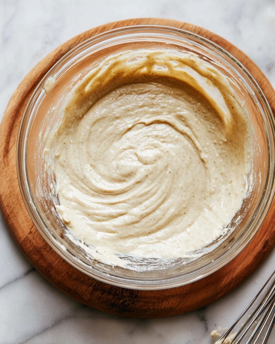 A clear glass bowl sits on a round wooden board on a white marbled surface. Inside the bowl is a smooth, light beige batter with visible fine specks throughout, showing creamy and thick texture with swirling patterns formed by mixing. In the bottom right corner, slightly out of focus, are two metal beaters partially covered in the same batter. Photo taken with an iphone --ar 4:5 --v 7