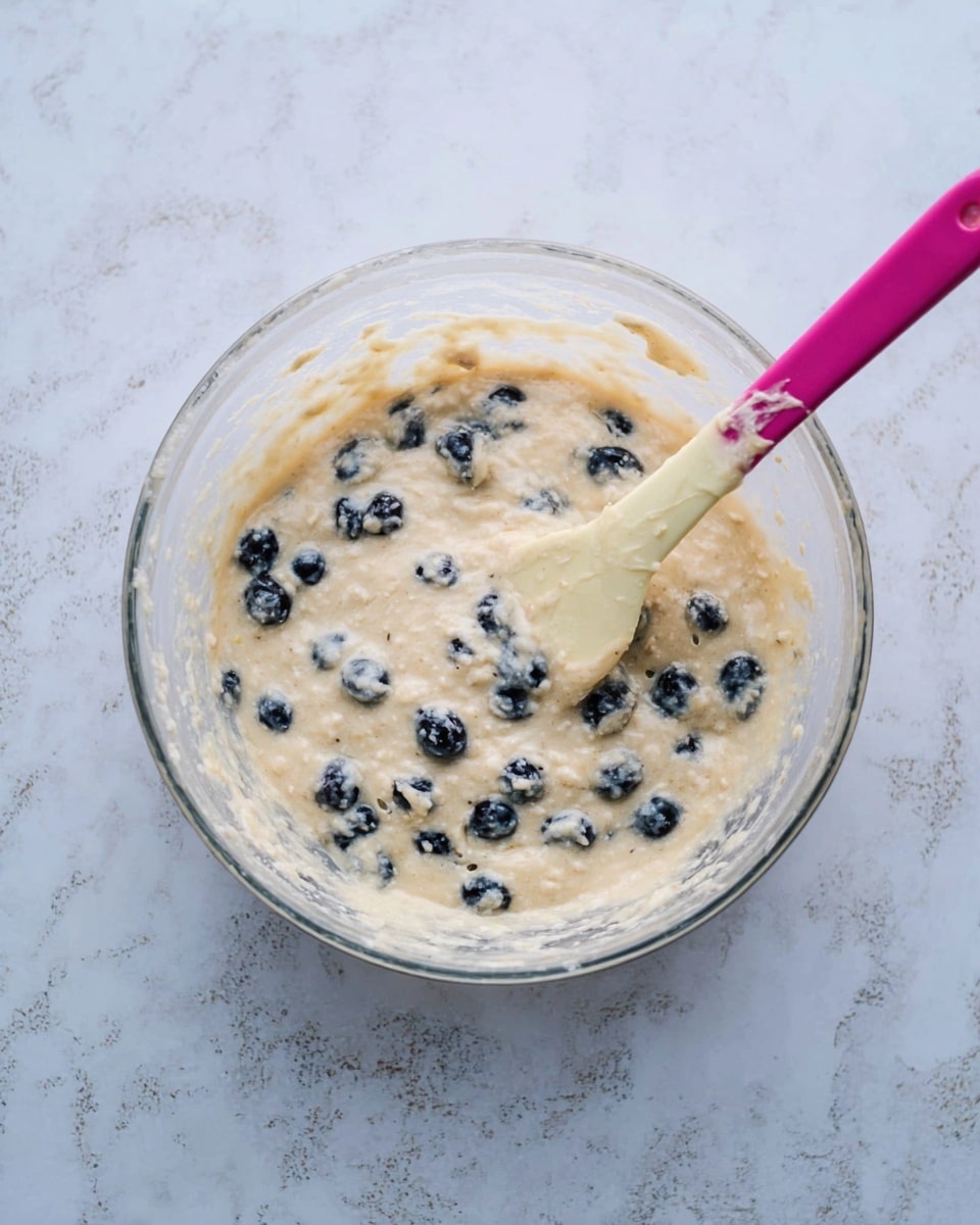 A clear glass bowl sits on a white marbled surface, filled with a light beige creamy batter that contains scattered dark blue blueberries. Inside the bowl, a pale yellow spatula with a pink top handle is partly submerged in the batter, showing a textured mix with small lumps and a thick consistency. The blueberries are evenly spread through the batter, creating small dark blue spots against the creamy background. photo taken with an iphone --ar 4:5 --v 7