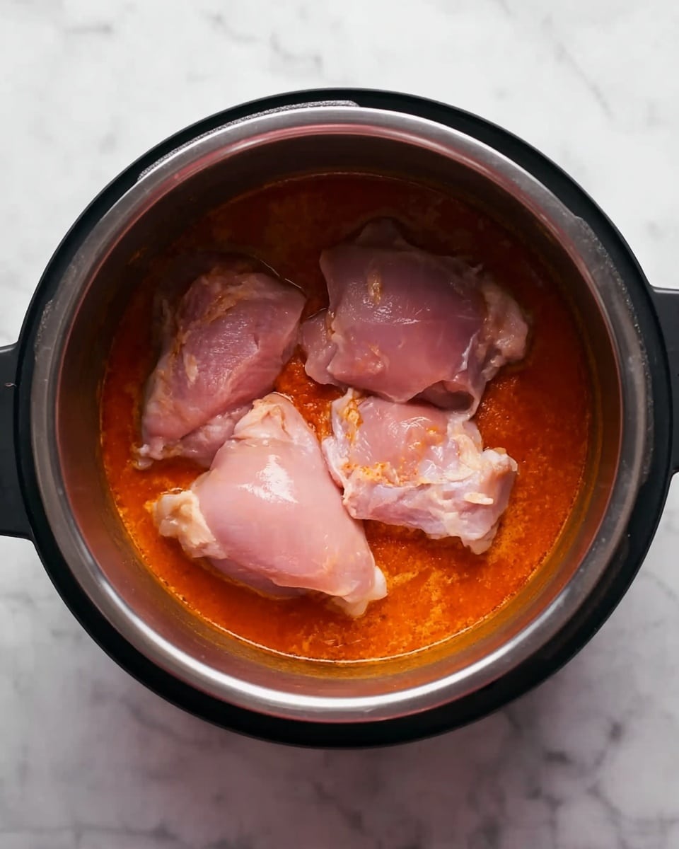 A top view of a black cooking pot filled with three large pieces of raw pink chicken on top of a thick, reddish-orange sauce layer that covers the bottom of the pot. The pot is sitting on a white marbled surface. The sauce looks smooth and vibrant, while the chicken pieces have a fresh, slightly shiny texture. photo taken with an iphone --ar 4:5 --v 7