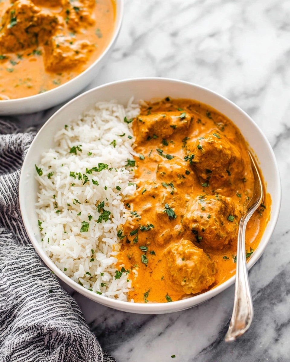 The image shows a white bowl filled with two layers: on one side, there is fluffy white rice sprinkled with small green herb pieces, and on the other side, large chunks of meat covered in a smooth, creamy orange sauce that also has green herbs scattered on top. A silver fork rests on the edge of the bowl, slightly touching the rice and the sauce. In the background, a second white bowl with more of the same creamy orange sauce and meat is partially visible on a white marbled surface with a gray and white striped cloth next to it. The photo taken with an iphone --ar 4:5 --v 7