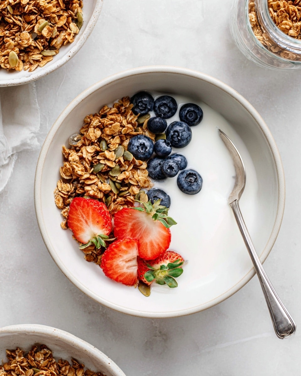 A white bowl is filled mostly with smooth white yogurt as the base layer. On top on one side, there is a thick layer of golden-brown granola with oat flakes and pumpkin seeds mixed in, rough in texture. Next to the granola, fresh blueberries are placed, some whole and some sliced, showing dark blue skin and lighter inside. Beside the blueberries, there are halved strawberries with bright red skin and green leaves, showing a juicy red inside. A silver spoon rests inside the bowl on the side of the yogurt. The bowl sits on a white marbled surface with parts of other bowls and a jar seen around it. Photo taken with an iphone --ar 4:5 --v 7