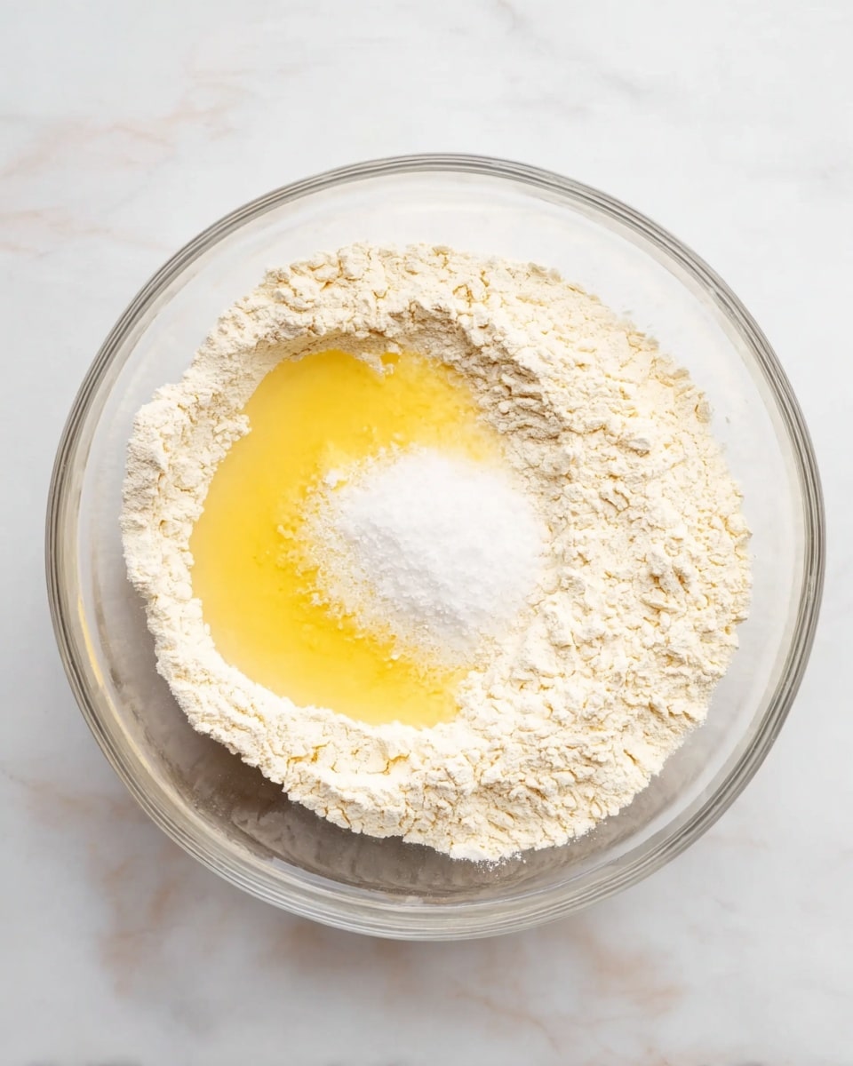A clear glass bowl sits on a white marbled surface, containing dry white flour spread evenly as the bottom layer, with a small pile of white powdery baking soda or salt on top towards the center. A pool of yellow liquid, likely melted butter or oil, rests nearby the dry ingredients, creating a contrast with the powdery white flour. The overall texture is soft and powdery, with the liquid adding a slight shine in one area. Photo taken with an iphone --ar 4:5 --v 7