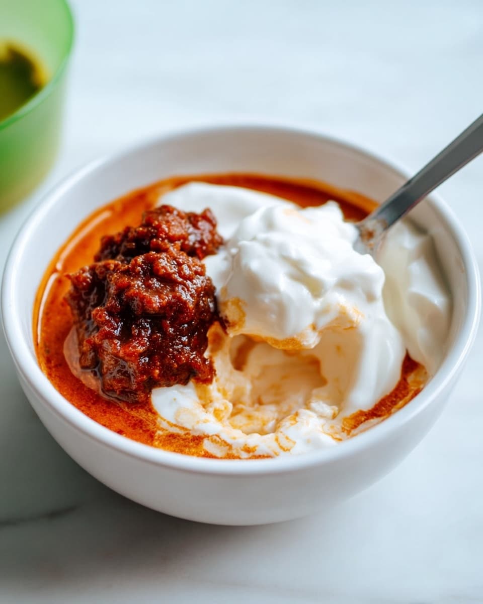 The image shows a white bowl placed on a white marbled surface, filled with three main layers. The bottom layer is a reddish-orange sauce with a smooth texture. On top of that is a thick white creamy layer, which looks dense and soft. Next to the white cream is a chunky dark red-brown paste with visible bits giving it a coarse texture. A metal spoon is partially immersed in the bowl, lifting up some of the white creamy layer. Photo taken with an iphone --ar 4:5 --v 7