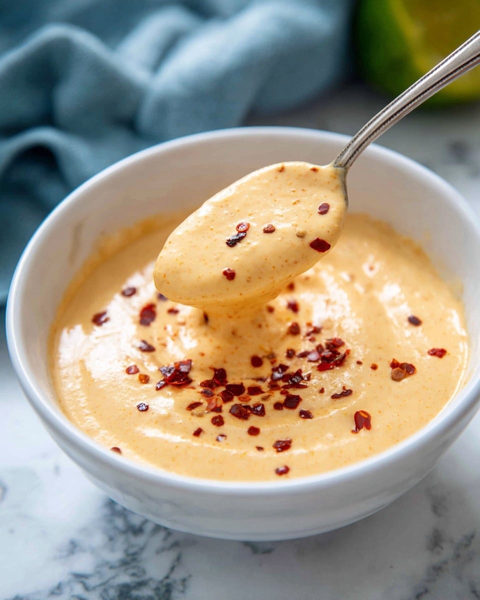 A white bowl filled with creamy, light orange sauce with a smooth but slightly textured surface, topped with small sprinkles of dark red chili flakes in the center. A spoon is lifting some of the sauce, showing its thick and soft texture. The bowl is placed on a white marbled surface with a blurred blue cloth and a green object in the background. photo taken with an iphone --ar 4:5 --v 7