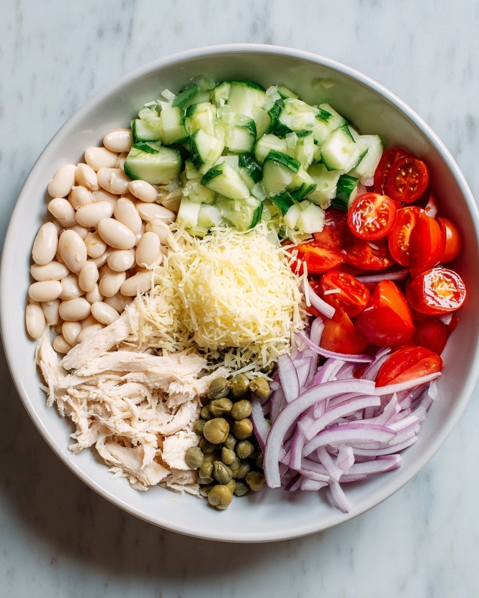 A white bowl sits on a white marbled surface filled with six distinct layers arranged side by side around the bowl's center. Starting from the left, there is a pile of small white beans with a smooth texture, next to bright green cucumber slices with a fresh, crisp look. To the right of the cucumbers are halved shiny red cherry tomatoes, followed by thin, curly slices of light purple onion. Partly covering the onions and onions' right side is a cluster of small, round dark green capers. Near the bottom left is shredded pale chicken with a soft texture, and in the very center of the bowl is a mound of grated light yellow cheese. Photo taken with an iphone --ar 4:5 --v 7