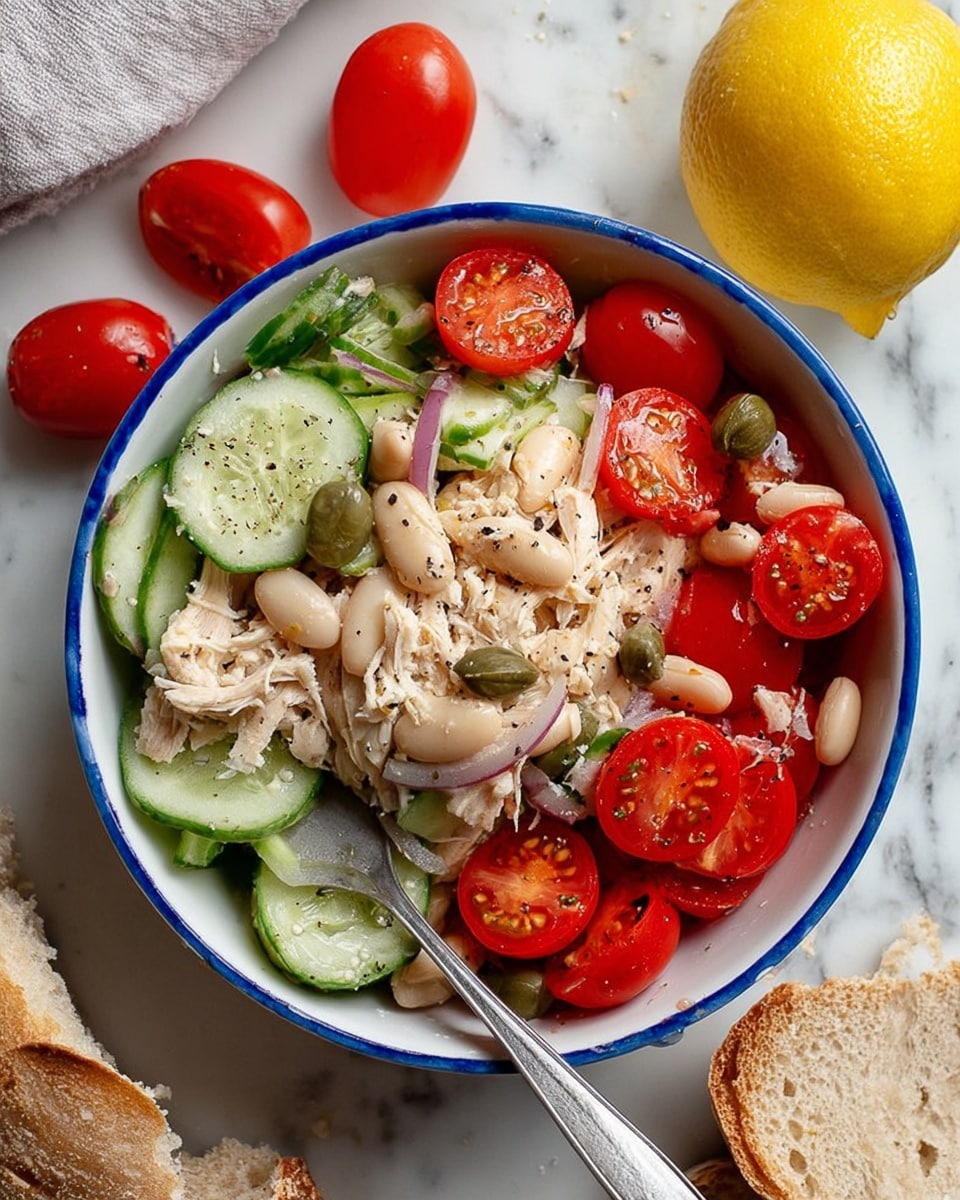 The image shows a white bowl with a blue rim, filled with a fresh salad made of three main layers: whole and sliced bright red cherry tomatoes scattered on top, thick light green cucumber slices with darker green skins, and white beans mixed with shredded pale chicken. Thin slices of purple onion and tiny green capers are spread evenly throughout. The salad looks lightly seasoned with black pepper. A silver fork rests inside the bowl on the right side. Around the bowl, there are two whole red tomatoes and half a yellow lemon on a white marbled surface. At the bottom, rough pieces of light brown bread are visible. photo taken with an iphone --ar 4:5 --v 7