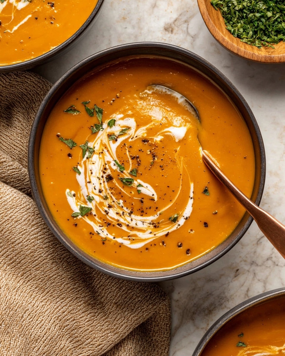 A dark gray bowl filled with thick, smooth orange soup sits on a white marbled surface. The soup has a swirl of white cream on top, spread into a leaf-like pattern, and is sprinkled with small green herb pieces and black pepper specks. A copper spoon rests inside the bowl on the right side. The top left corner shows part of another bowl with the same soup and cream swirl, and the top right corner reveals a wooden bowl with chopped green herbs. A beige textured cloth is placed near the bottom left edge of the image photo taken with an iphone --ar 4:5 --v 7