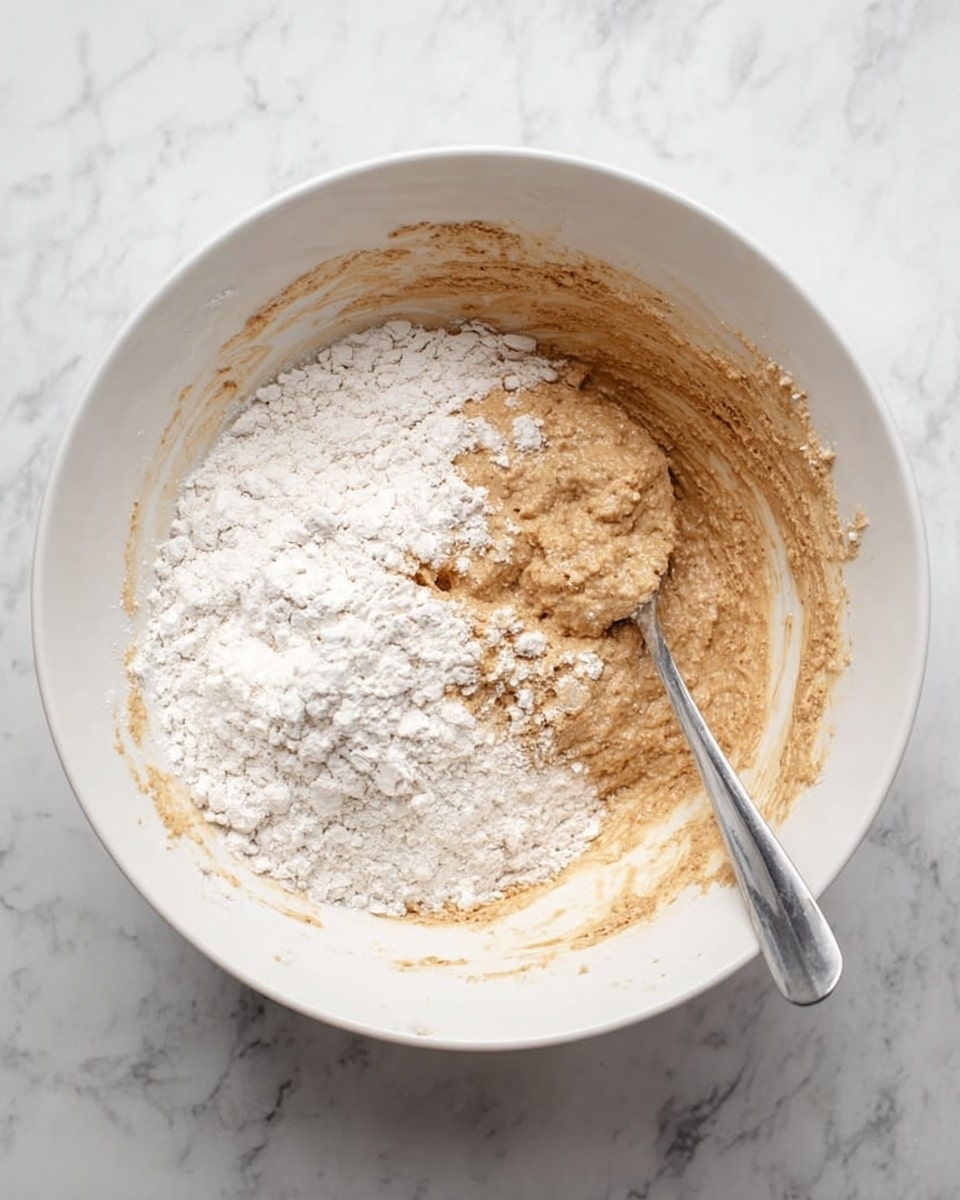 A white bowl sits on a white marbled surface, containing a mixture of light brown and white powders. The mixture has two main parts: a thick, light brown batter covering most of the bowl's bottom and sides, and a heap of white flour piled on one side, not yet mixed in. A metal spoon with a shiny handle rests inside the bowl, partially buried in the batter near the flour. The bowl’s interior shows a trace of batter along its edges. photo taken with an iphone --ar 4:5 --v 7