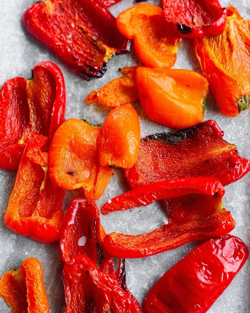 The image shows several pieces of roasted red and orange bell peppers laid out on a flat light grey surface that looks like a baking tray. Each piece has a slightly wrinkled texture with some charring and blackened edges, showing they are roasted. The colors vary from deep red to bright orange, and the peppers have a soft, tender look with shiny spots from oil. There is no plate or bowl in the image. The background is a white marbled texture. photo taken with an iphone --ar 4:5 --v 7