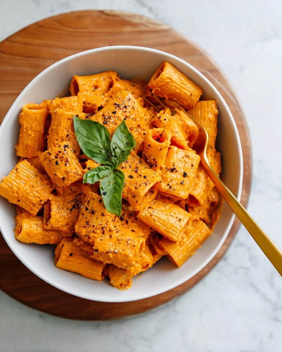 A white bowl filled with rigatoni pasta coated in a thick, creamy orange sauce, the pasta tubes showing ridged textures and soaked evenly in the sauce. On top, a sprig of fresh green basil leaves adds a pop of color and freshness, while a sprinkle of black pepper grains is scattered over the pasta for contrast. A gold fork rests inside the bowl, leaning on the right side. The bowl is placed on a round wooden board, all set on a white marbled surface. photo taken with an iphone --ar 4:5 --v 7