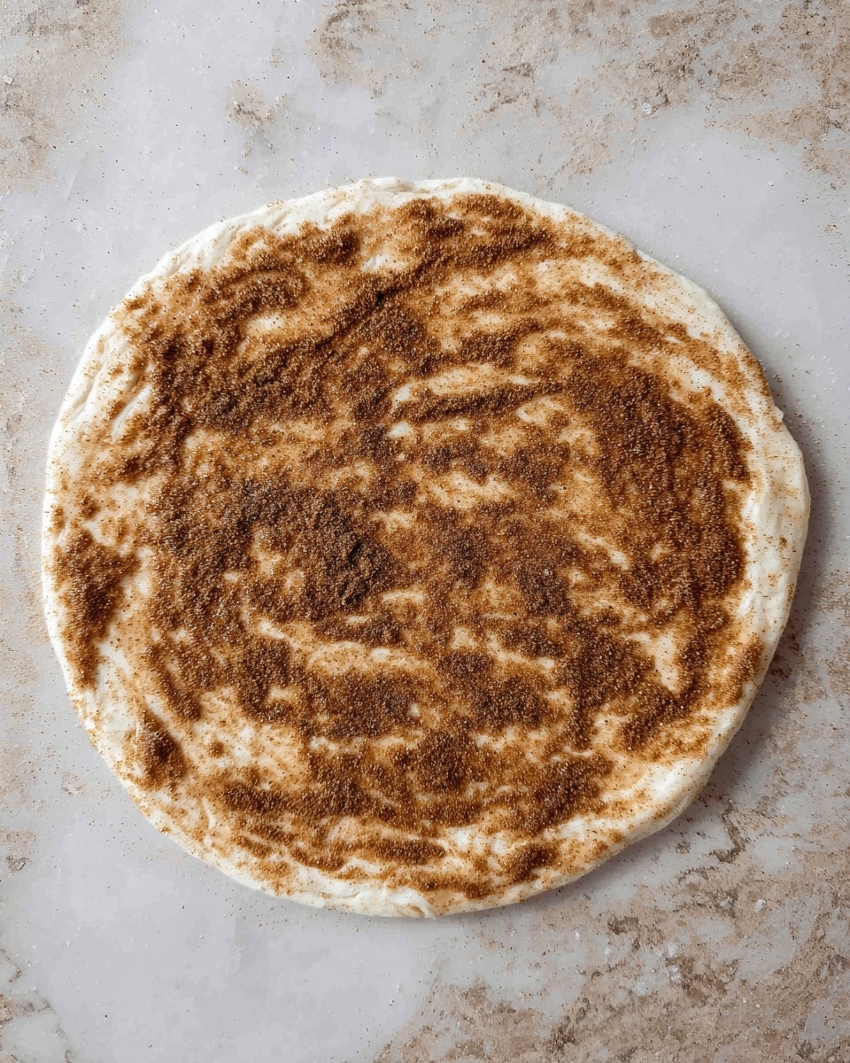 A single round layer of white dough is laid flat on a white marbled surface, spread unevenly but fully with a layer of light brown cinnamon mixture that has a rough, grainy texture, covering almost the entire top surface. The dough edges are soft and slightly uneven, showing some thickness. The cinnamon layer is thicker in some spots and thin enough in others to let small patches of white dough peek through, creating a mottled effect. Photo taken with an iphone --ar 4:5 --v 7