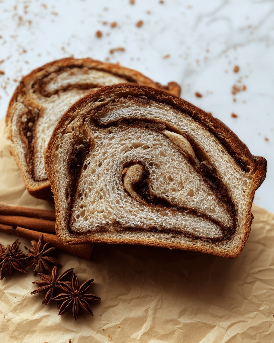 The image shows two large, thick slices of swirled bread with a light brown inside and darker brown spiral patterns running through each slice. The crust is a darker golden brown and looks crisp and slightly rough. The bread slices rest on a crinkled beige paper, with some star anise and cinnamon sticks placed nearby as decoration. The background is a white marbled texture, giving a clean and bright look to the scene. photo taken with an iphone --ar 4:5 --v 7