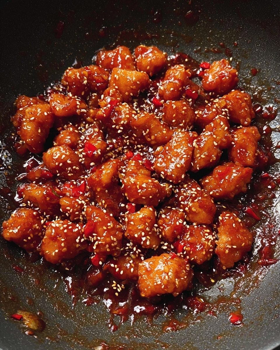 Small pieces of chicken are cooked in a dark pan and covered with a shiny red sauce that looks sticky and thick. The chicken pieces are shiny and coated evenly with the sauce, showing some bits of red pepper mixed in. Small white sesame seeds are sprinkled all over the chicken, adding a light contrast to the deep red color. The pan has a slightly worn texture with some sauce stuck around the edges. photo taken with an iphone --ar 4:5 --v 7