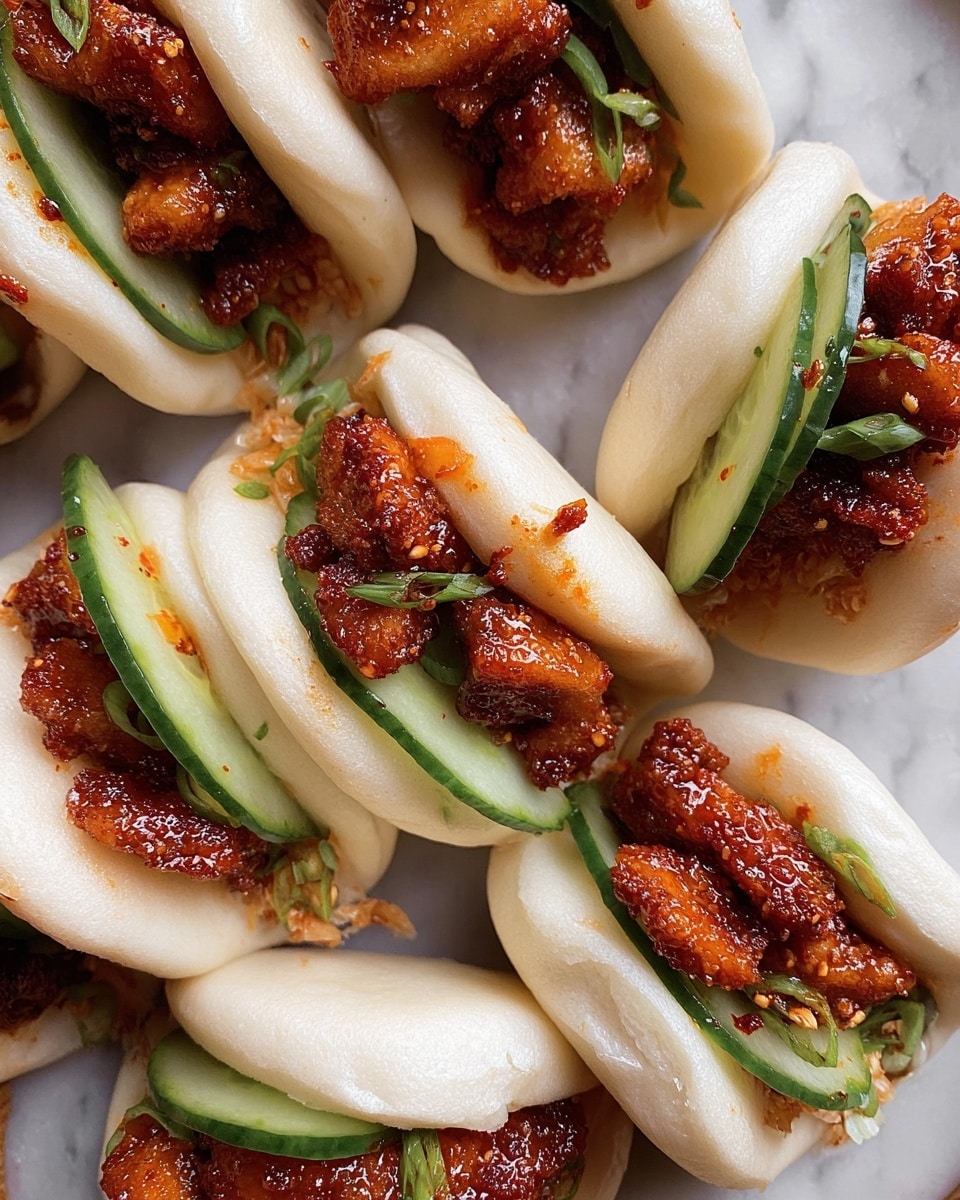 The image shows several small steamed buns with a soft, white, and slightly golden-brown surface, each folded open like a taco to hold the filling. Inside each bun, there are crispy dark orange-brown chunks of meat coated in a shiny sauce with visible small bits of garlic and chili flakes. Alongside the meat filling, there are two to three thin slices of fresh cucumber with a bright green skin and pale green interior. The buns are arranged closely together on a white marbled surface, showing a contrast between the bright colors of the fillings and the smooth, pale buns. photo taken with an iphone --ar 4:5 --v 7
