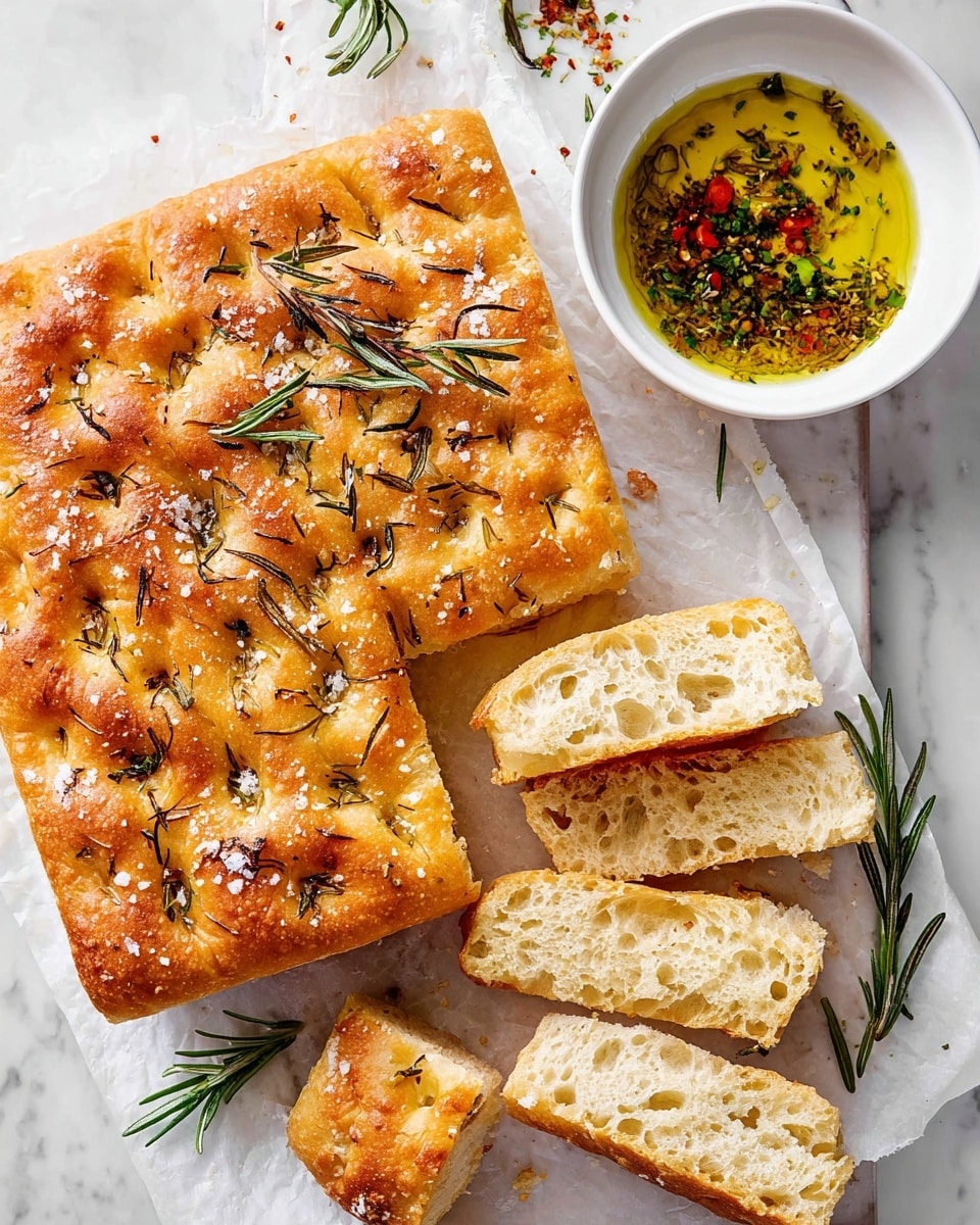 The image shows a square focaccia bread, golden brown and topped with coarse salt and fresh rosemary leaves, placed on white parchment paper over a white marbled surface. Three thick slices are cut from the right side of the bread, showing the airy, soft texture inside with a light beige color. There are two small torn pieces of focaccia lying near the slices. Above the bread, there is a white bowl with olive oil mixed with green herbs and red chili flakes. Fresh rosemary sprigs and scattered sea salt add extra texture and color to the scene. The photo taken with an iphone --ar 4:5 --v 7