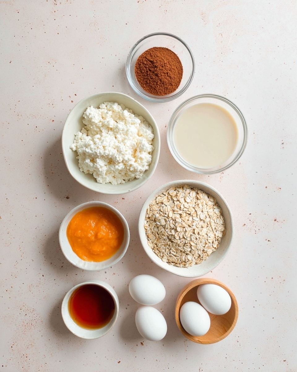 Seven small white bowls and glass bowls hold different ingredients arranged on a smooth white marbled surface. Starting from the top center, a small glass bowl contains a fine brown powder. Below it, to the right, another glass bowl holds a light cream-colored liquid. To the left of this, a white bowl is full of white lumpy curds. Below all these, a larger white bowl is filled with pale beige rolled oats. To the right of this, a small wooden bowl contains a fine white powder. Next to this, a small white bowl holds two whole white eggs. At the bottom left, a white bowl is filled with thick bright orange puree, and just above it, a small white cup holds a dark amber liquid. The bowls are spaced evenly on the clean white marbled surface. photo taken with an iphone --ar 4:5 --v 7