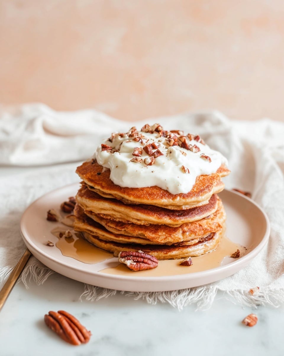 A stack of five golden brown pancakes sits in the middle of a white plate, each pancake thick and fluffy with a lightly crisp edge. On top is a generous dollop of white cream, slightly melting and spreading over the pancakes, sprinkled with small pieces of brown pecans. Light amber syrup drips down the sides of the stack onto the plate. Scattered around the plate and soft off-white cloth beneath are more pecan pieces. The setting is on a white marbled surface with soft natural light. photo taken with an iphone --ar 4:5 --v 7