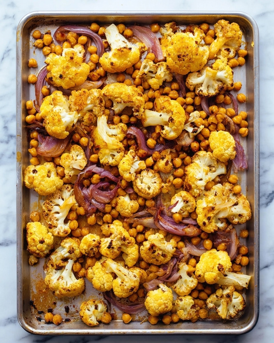A large rectangular metal baking tray filled with roasted cauliflower florets and chickpeas, evenly spread out. The cauliflower is golden yellow with some dark brown roasted spots, showing a slightly crispy texture. Mixed in are thin slices of reddish-purple roasted onions, soft and slightly caramelized. The chickpeas are a warm light brown color, scattered in between the cauliflower and onions. The tray sits on a white marbled surface. photo taken with an iphone --ar 4:5 --v 7
