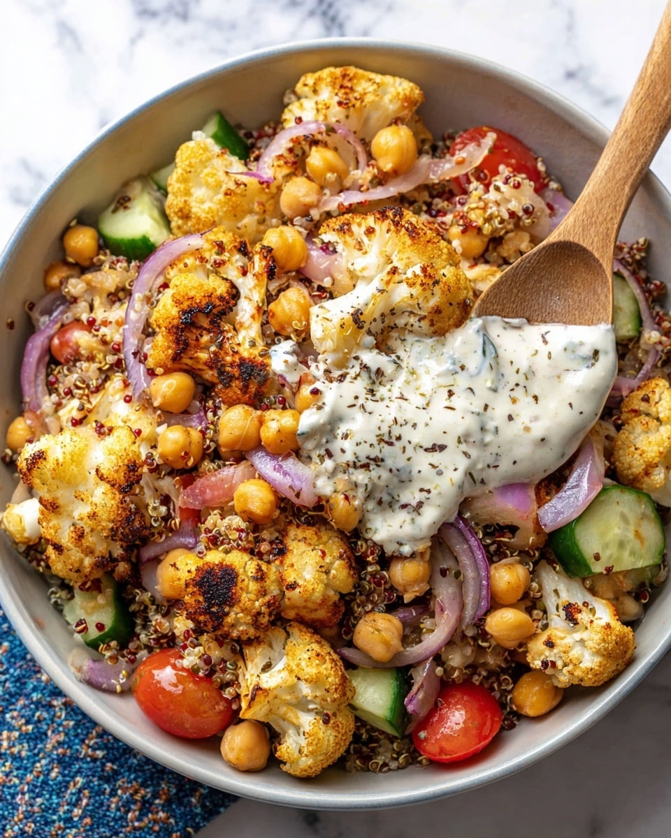 This dish is served in a white bowl filled with roasted cauliflower pieces that are golden brown with some dark char marks, scattered throughout. Mixed with the cauliflower are round chickpeas with a light brown color, small grains of red and white quinoa, and slices of soft cooked red onion with a translucent texture. Fresh cucumber cubes and diced tomatoes add a green and red freshness near the edges. A dollop of creamy white sauce with specks of black pepper sits on top, with a wooden spoon resting partly in the bowl, lifting some of the food. The scene is set on a white marbled surface. photo taken with an iphone --ar 4:5 --v 7