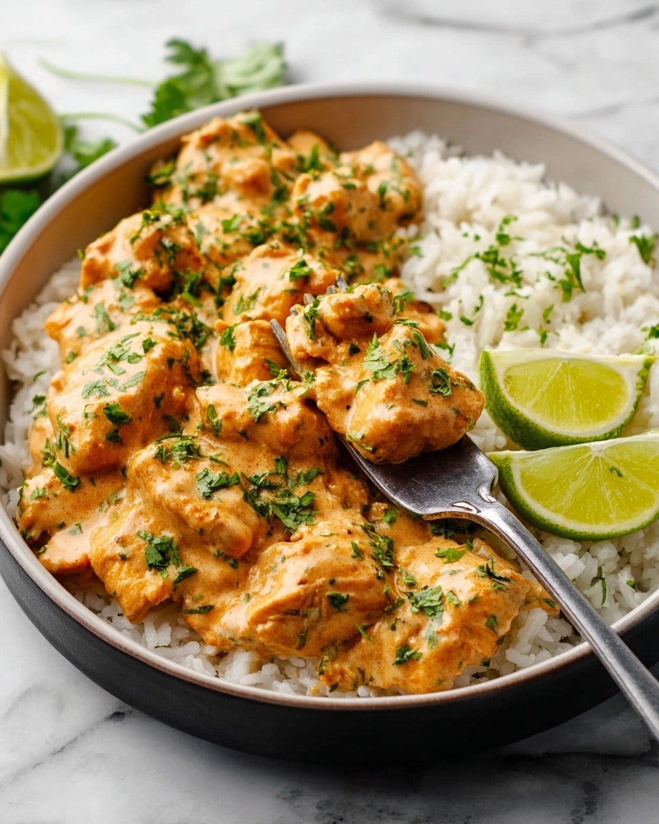 A white round bowl filled with a layer of fluffy white rice at the bottom, topped with creamy orange-colored chunks of chicken covered in sauce sprinkled with finely chopped green herbs. On the side resting on the rice are two bright green lime wedges. A silver fork is placed in the bowl lifting a piece of chicken, all set against a white marbled surface. Photo taken with an iphone --ar 4:5 --v 7