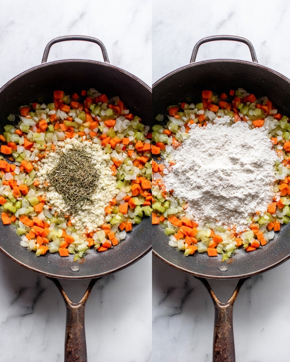 Two images show a close-up of a dark pan on a white marbled surface with diced carrots, celery, and onions. In the first image, there is a small pile of minced garlic and a heap of dried herbs on top of the vegetables. In the second image, a thick white layer of flour covers the vegetables, mostly in the center, but some carrots and celery are still visible around the edges. The pan handle points towards the bottom center of the image. photo taken with an iphone --ar 4:5 --v 7