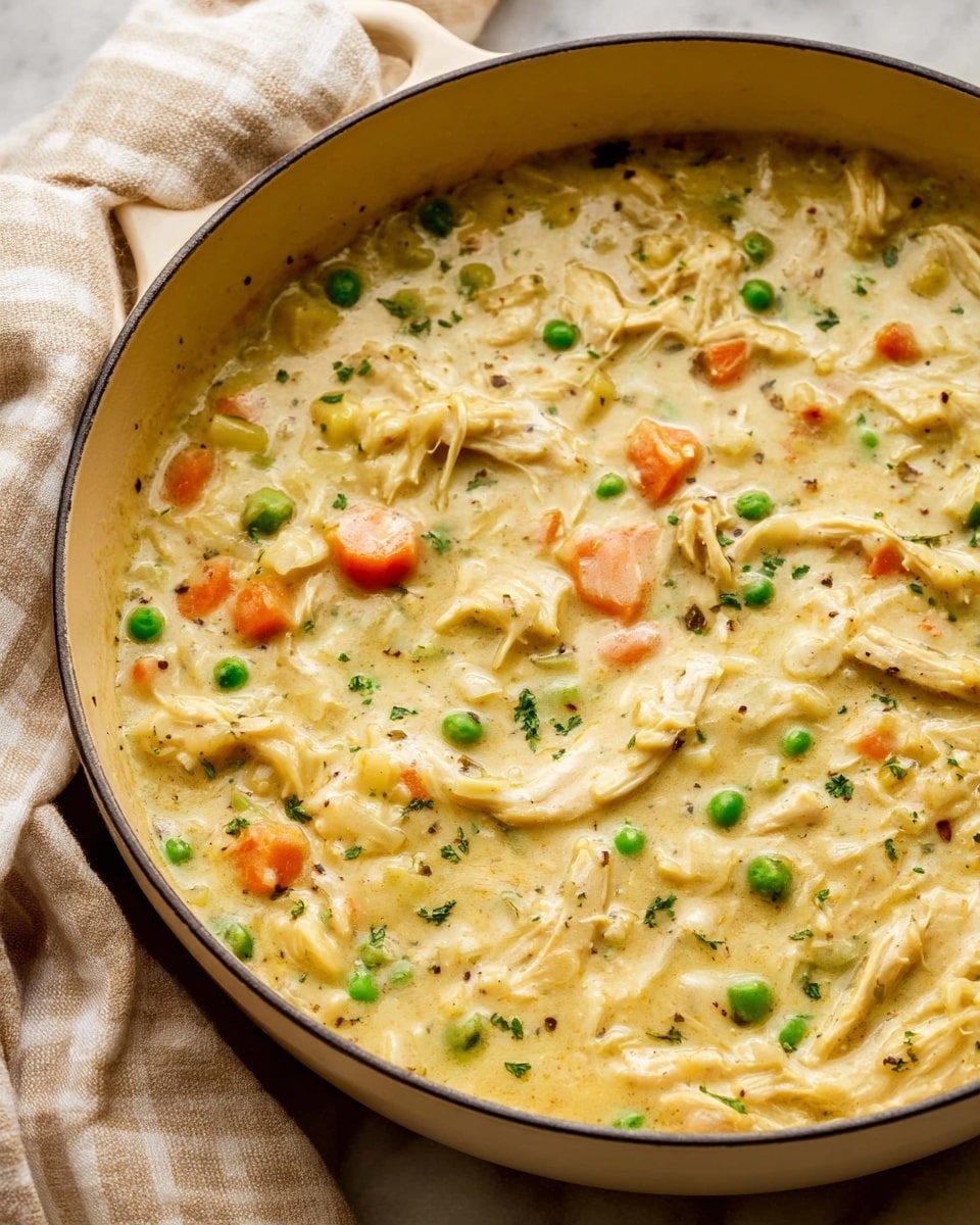 A close-up view of a thick creamy stew in a beige pan, showing a mix of shredded light brown chicken pieces, bright green peas, and small orange carrot chunks all blended in a pale yellow creamy sauce with visible herbs and black pepper specks. The creamy stew has a smooth, slightly lumpy texture and fills the pan evenly, with a soft beige plaid cloth draped in the background on a white marbled surface. photo taken with an iphone --ar 4:5 --v 7