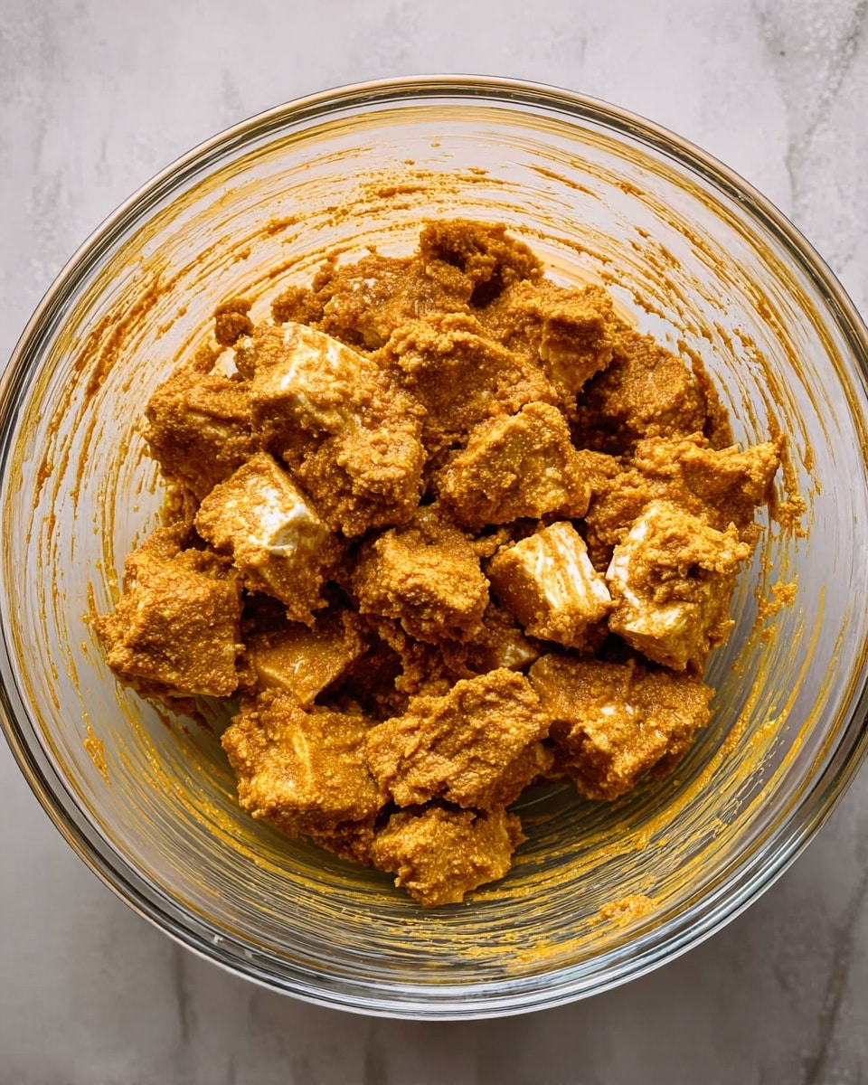 A clear glass bowl filled with uneven chunks of white food coated in a thick, orange-brown paste, sitting on a white marbled surface. The chunky pieces are mixed thoroughly with the paste, which has a rough and slightly grainy texture. The inside sides of the bowl have streaks of the orange-brown paste, showing that the contents were recently stirred. The bowl and its contents are the main focus, with a top-down view highlighting the texture and color contrast between the white chunks and the darker paste. Photo taken with an iphone --ar 4:5 --v 7