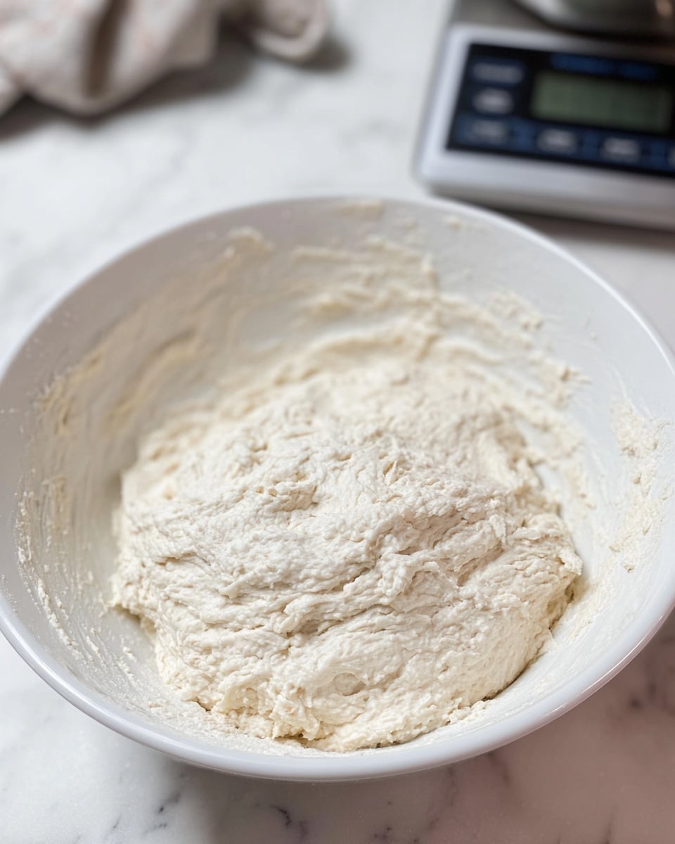 In the image, there is a white bowl filled with a thick, uneven mixture that looks like dough or batter, with a creamy off-white color and lumpy texture. The mixture fills most of the bowl, spreading out near the edges with some residue sticking to the inside walls. The bowl is placed on a white marbled surface, and in the blurry background, a digital kitchen scale and a cloth are visible. photo taken with an iphone --ar 4:5 --v 7