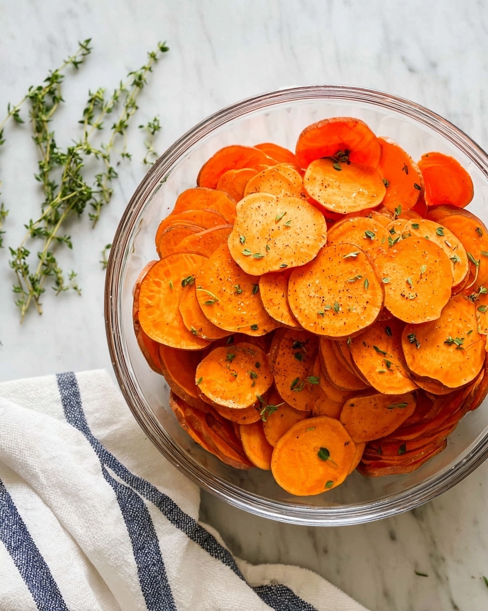 A large clear round glass bowl filled with many thin slices of bright orange sweet potatoes, slightly overlapping each other inside the bowl, sprinkled with small green herb leaves and specks of black pepper, all sitting on a white marbled surface. Around the bowl, small sprigs of fresh green herbs are scattered casually, and a white cloth with dark blue stripes is placed near the bottom right corner. photo taken with an iphone --ar 4:5 --v 7