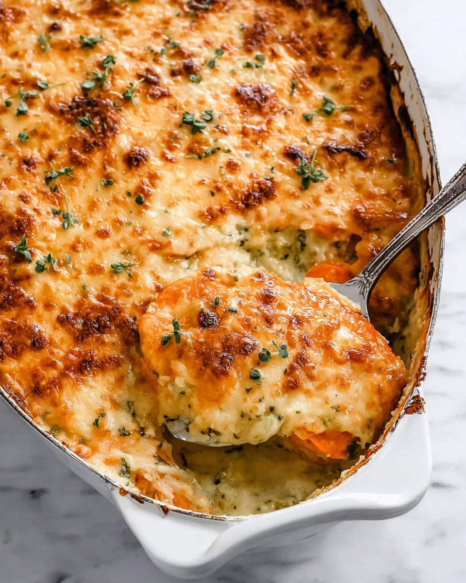 The image shows a baked dish in a white pan with a golden brown top layer of melted cheese sprinkled with small green herb leaves. The cheese layer has a slightly bubbly texture with patches of darker brown from baking. Below the cheese, layers of creamy sauce and thinly sliced orange vegetables can be seen, along with some green herbs mixed in. A silver serving spoon is scooping a portion, revealing soft, creamy layers underneath the crispy, browned cheese layer. The pan sits on a white marbled surface. photo taken with an iphone --ar 4:5 --v 7