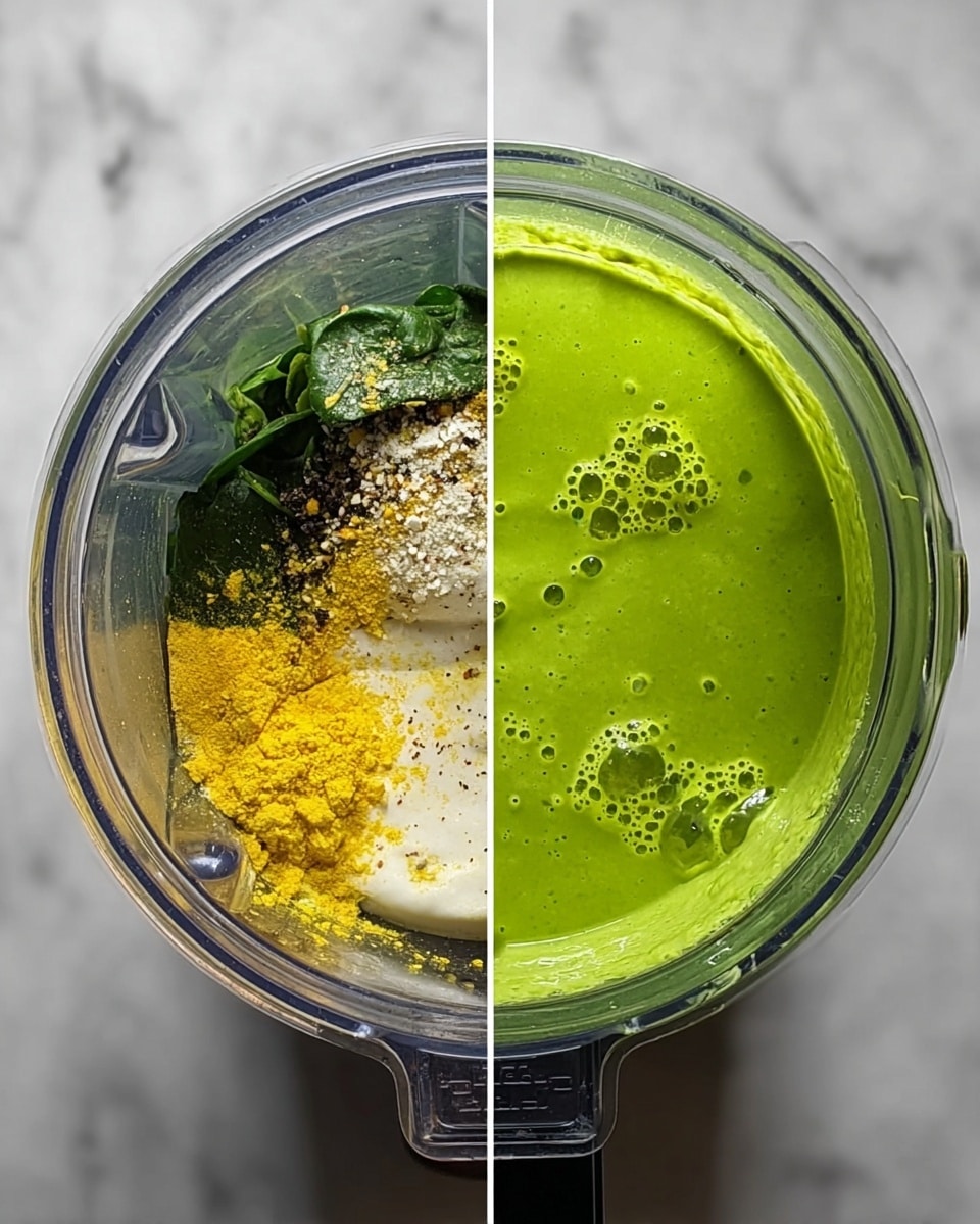 The image shows two side-by-side views of a clear blender cup on a white marbled surface. The left side displays the unblended ingredients inside the blender, with visible layers and colors: on the bottom, dark green spinach leaves, above that, a yellow powder, creamy white yogurt or sauce, and some black pepper sprinkled over. The right side shows the same blender cup with the contents now fully blended into a smooth, bright green mixture with small bubbles on top. The lighting highlights the glossy texture and fresh color of the green sauce photo taken with an iphone --ar 4:5 --v 7
