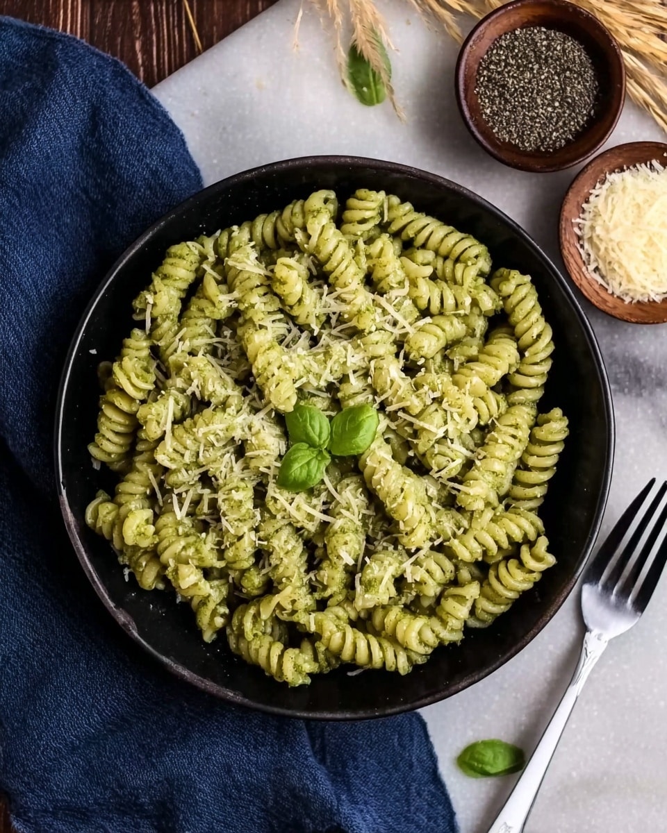 A black round bowl filled with green pesto rotini pasta, topped with a sprinkle of grated cheese and a small basil leaf garnish in the center. The bowl sits on a white marbled surface with a navy blue cloth and some scattered dry grass nearby. To its top right are two small bowls, one with a coarse dark seasoning and the other with grated cheese. A white fork is placed to the bottom right. photo taken with an iphone --ar 4:5 --v 7