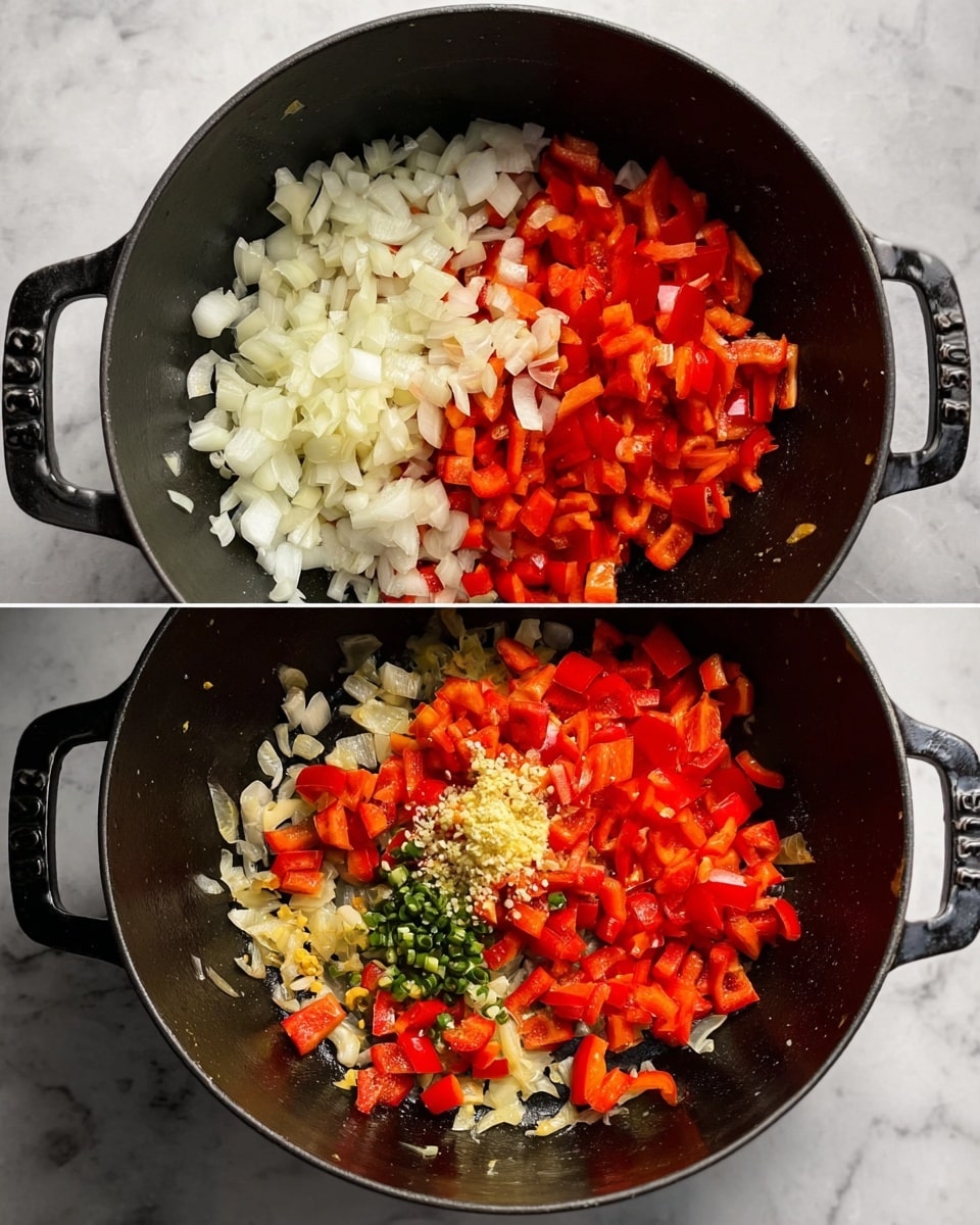 The image shows two stages of cooking inside a black cast iron pot with handles on each side. In the first stage, the pot holds two separate piles of chopped vegetables: white onions on the left and red bell peppers on the right, both fresh and raw with a shiny, crisp texture. In the second stage, the vegetables are mixed and cooked, showing a softer, slightly browned texture with a mix of red bell pepper and translucent onions spread across the bottom of the pot. In the center, there are three small piles of additional ingredients: finely chopped green chili peppers, minced garlic, and grated ginger. The pot is placed on a surface with a white marbled texture. Photo taken with an iphone --ar 4:5 --v 7
