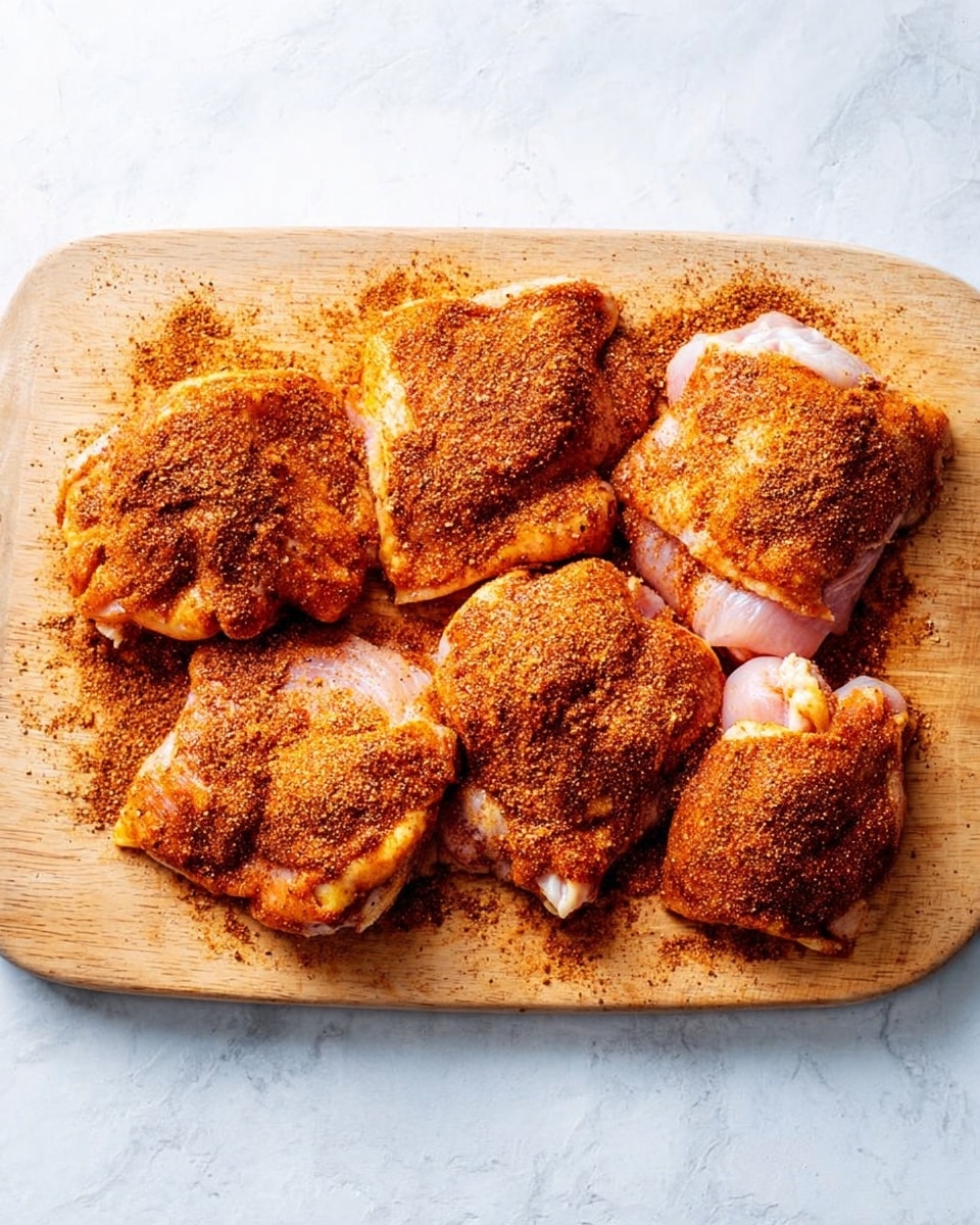 A light wooden cutting board holds eight pieces of raw chicken thighs, each generously covered with a reddish-brown dry spice rub. The spices create a grainy, textured layer that spreads unevenly over the pinkish-white chicken skin. The cutting board with the chicken is placed on a white marbled surface, which gives a clean and bright background to the scene. There are no other items visible in the image. photo taken with an iphone --ar 4:5 --v 7