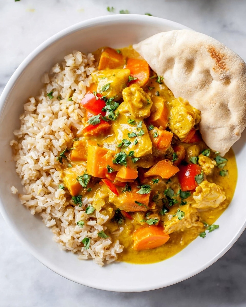 A white bowl shows a dish with three layers: the bottom layer is light brown rice filling the bowl, the middle layer is a bright yellow and orange curry with chunks of vegetables and pieces of meat, topped with small green herb leaves sprinkled all over. On the right side, a folded piece of soft, light-colored bread rests against the curry. The bowl sits on a white marbled surface photo taken with an iphone --ar 4:5 --v 7