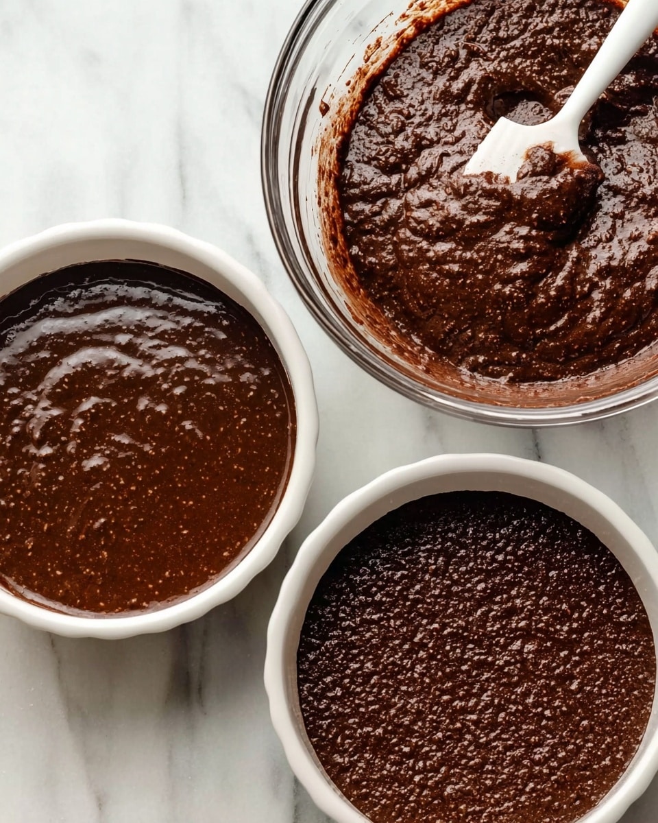 A clear glass bowl filled with thick, dark brown chocolate batter that has a slightly shiny, smooth, and lumpy texture with a white spatula mixing it. Next to it, there are two round white cake pans filled with the same chocolate batter, showing a rich, dark brown color with small bubbles on the surface. Both images are set on a white marbled surface. Photo taken with an iphone --ar 4:5 --v 7