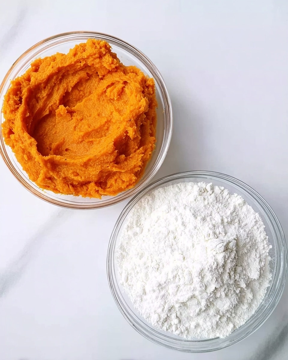 Two clear glass bowls sit side by side on a white marbled surface; the bowl on the left is filled with a smooth, bright orange mashed mixture with a slightly rough texture, while the bowl on the right holds a fine, white powder that looks soft and fluffy, both viewed from above with soft natural lighting highlighting their textures. photo taken with an iphone --ar 4:5 --v 7