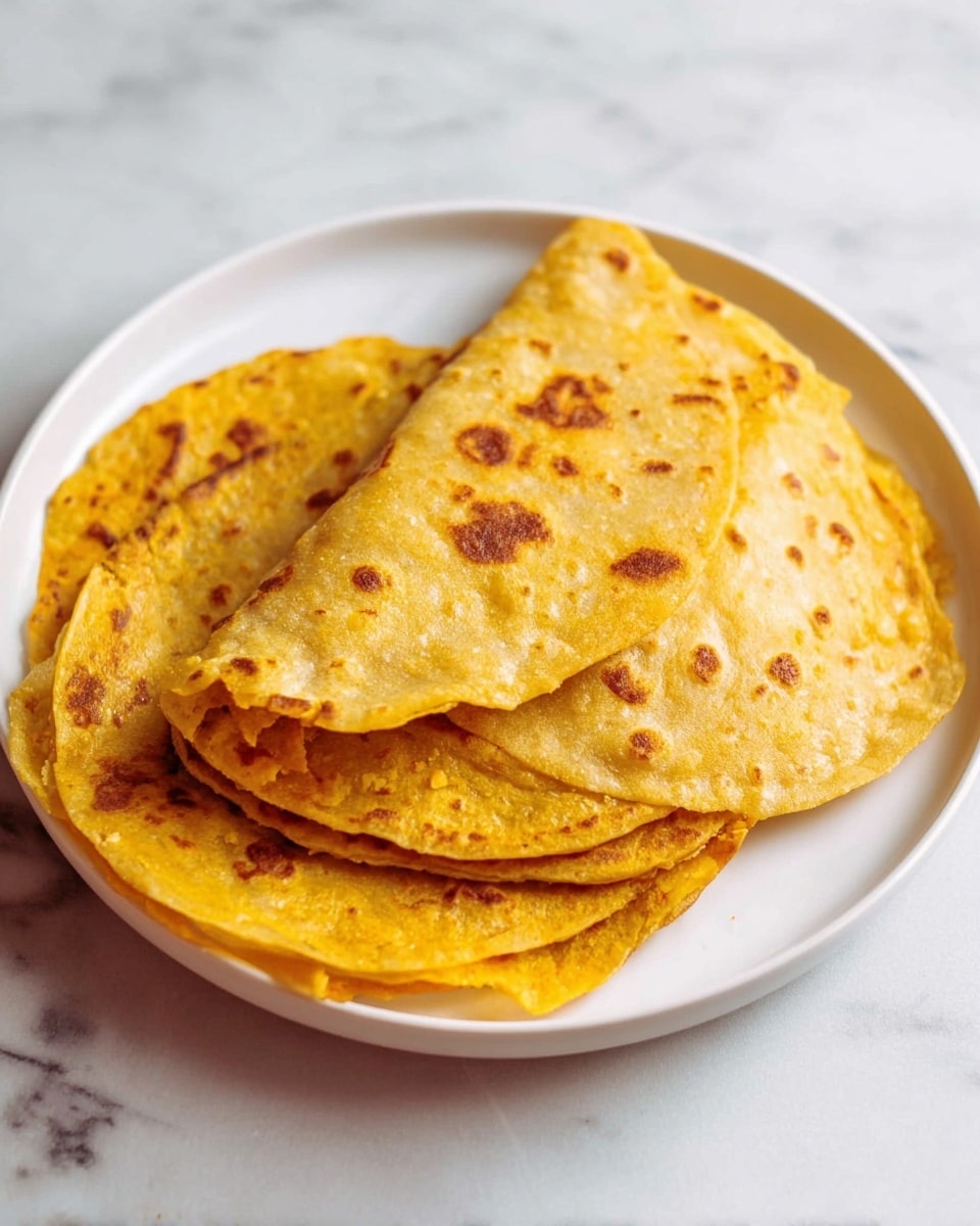 The image shows a white plate with two folded, golden-yellow flatbreads stacked neatly. The flatbreads have a slightly rough texture, with small, darker brown spots scattered across their surface, showing they are cooked. The upper flatbread is folded halfway, revealing its thickness and soft inside. Below the plate on the white marbled surface, more of the same golden flatbreads are partially visible, adding depth to the scene. The colors are warm and inviting, with the white marbled background making the flatbreads stand out clearly. photo taken with an iphone --ar 4:5 --v 7