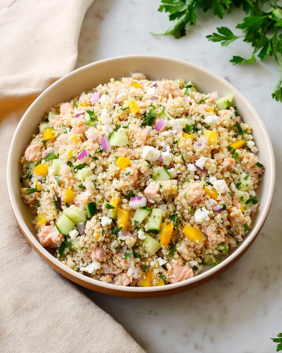 A white round bowl is filled with a mixed salad that has three visible layers of colors and textures. The bottom layer is pale beige quinoa grains, giving a soft and grainy look. On top, there are small chunks of light pink salmon mixed evenly with diced bright yellow bell peppers, light green cucumber pieces, and small bits of purple onion. Tiny white cheese crumbles and green parsley leaves are scattered throughout, adding contrast and freshness. The bowl sits on a white marbled surface with a pale beige cloth and a few green parsley leaves partly visible in the background. Photo taken with an iphone --ar 4:5 --v 7