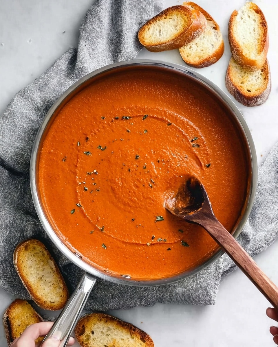 A shiny silver pan filled with smooth, thick orange tomato sauce with tiny green herb bits spread evenly inside. A wooden spoon dips into the sauce, creating small arch patterns. Around the pan on a white marbled surface, there are several toasted bread slices with light golden-brown color and crispy texture. A piece of toasted bread is held by a woman's hand, dipping into the pan. A light gray cloth is partly visible under the pan. photo taken with an iphone --ar 4:5 --v 7