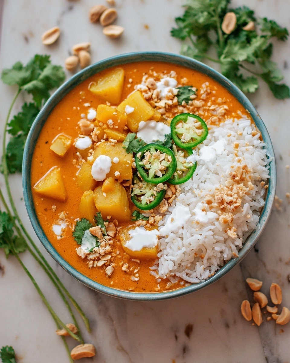 A white bowl filled with two main layers: on the left, a thick orange curry with visible chunks of yellow potatoes, and on the right, a mound of fluffy white rice sprinkled with crushed peanuts. On top of the curry and rice, there are several slices of green chili, small green cilantro leaves, and small white dollops of creamy sauce. The bowl is placed on a white marbled surface scattered with peanuts and fresh cilantro sprigs. photo taken with an iphone --ar 4:5 --v 7