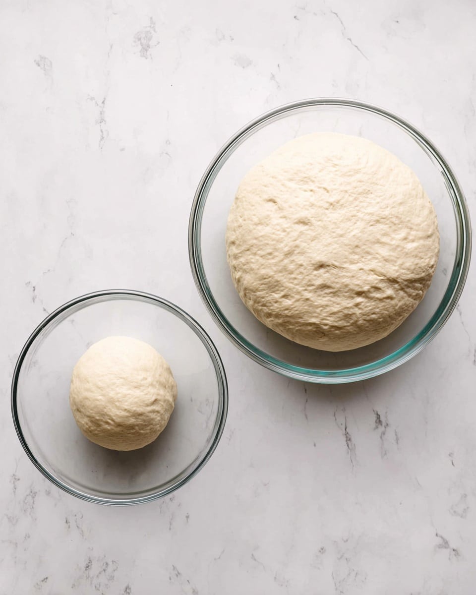 Two clear glass bowls are shown from above, each placed on a white marbled surface. The left bowl contains a small round ball of dough with a light cream color and a smooth texture. The right bowl holds a much larger, risen dough ball that nearly fills the bowl, showing a slightly bubbled surface and a soft, airy texture. photo taken with an iphone --ar 4:5 --v 7