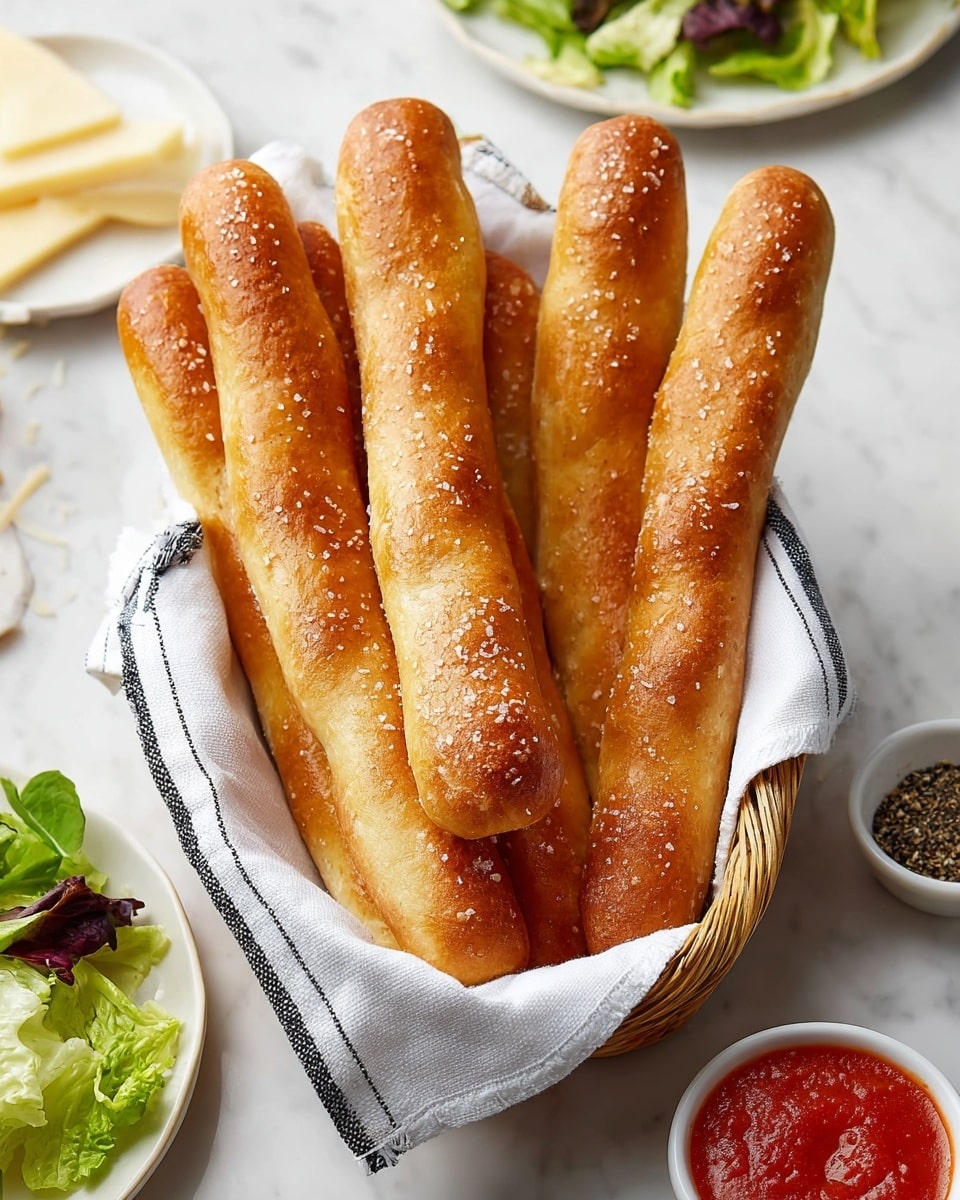 A basket lined with a white cloth with black stripes holds eight golden-brown breadsticks that have a smooth, shiny surface sprinkled with coarse salt, arranged standing close together with some leaning on each other. The basket sits on a white marbled surface with a salad plate visible in the lower left corner, featuring green romaine lettuce leaves and slices of pale yellow cheese. In the upper right corner, a small white bowl filled with coarse black pepper and parts of another salad plate with leafy greens and a breadstick appear. A small white bowl with bright red marinara sauce is partially visible at the bottom right. The photo has soft natural light and a clean look, taken with an iphone --ar 4:5 --v 7