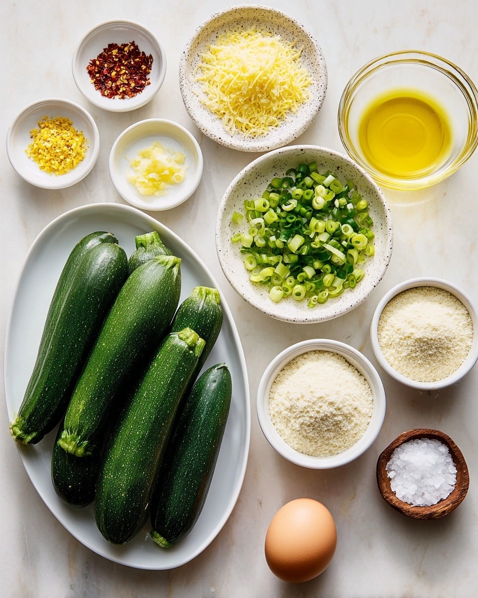 The image shows fresh green zucchinis stacked in a white oval plate on the left side of a white marbled surface. Around the plate, there are small white bowls and dishes holding various ingredients: a small dish of red chili flakes at the top left, a white dish with grated yellow lemon zest next to it, a speckled white plate filled with chopped green onions above the center, and a clear round bowl with golden olive oil on the top right. In the middle are small white bowls containing grated cheese, almond flour, and white flour, arranged in a neat cluster. At the bottom center, a small white bowl holds a single brown egg, and next to it is a tiny wooden bowl filled with white salt. The setup is clean, bright, and organized for cooking preparation, photographed with an iphone --ar 4:5 --v 7