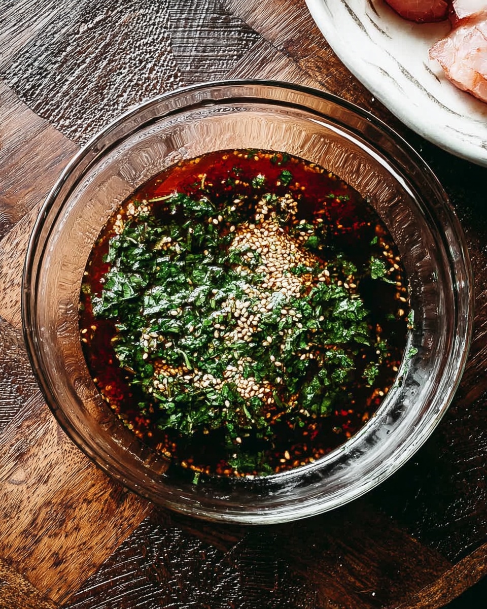 A clear glass bowl contains a dark reddish-brown sauce base. On top of the sauce, there is a layer of green chopped herbs spread across the middle, and a sprinkling of light-colored sesame seeds and small seasoning flakes scattered evenly over the surface. The bowl sits on a dark wooden surface with a textured pattern, and part of a white plate with pale pink sliced pieces is visible on the upper right corner. photo taken with an iphone --ar 4:5 --v 7