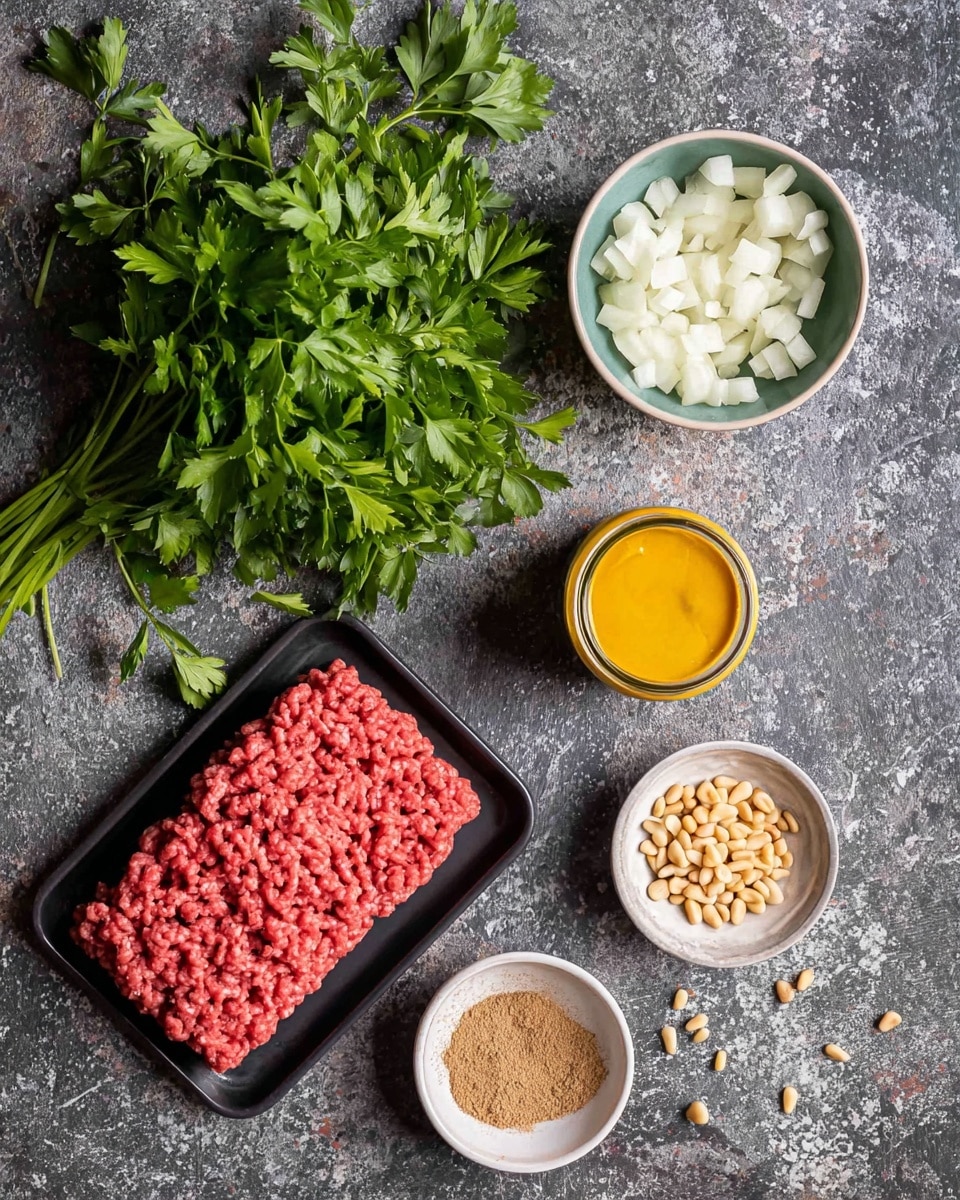 The image shows five main elements arranged on a dark gray stone surface. At top left is a bunch of fresh bright green parsley with leaves spread out. To the right of the parsley is a small white bowl filled with small white diced onions. Next to the bowl and to the right is an open jar with bright yellow mustard inside. Below the jar, slightly to the left, is a black rectangular tray holding a tightly packed block of raw, bright red ground meat. At the bottom center are two small round white bowls; the left one contains a pile of finely ground light brown spice, and the right one has a pile of small off-white pine nuts. The overall setting has a natural kitchen prep look. photo taken with an iphone --ar 4:5 --v 7